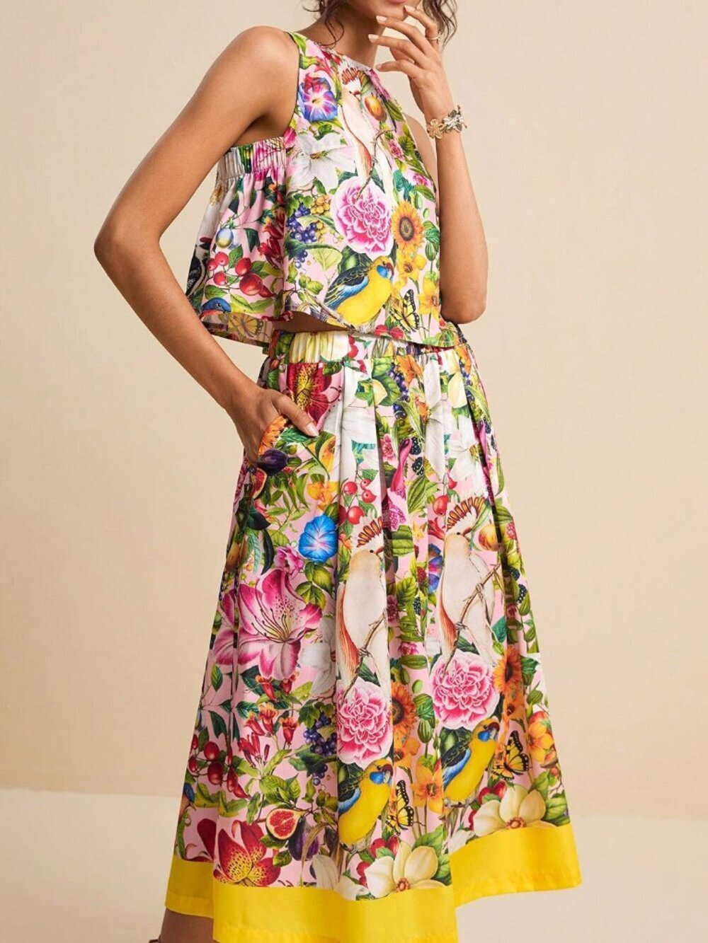 Yellow Boho Women's Floral Sleeveless Top and Pants Set with Contrast Trim